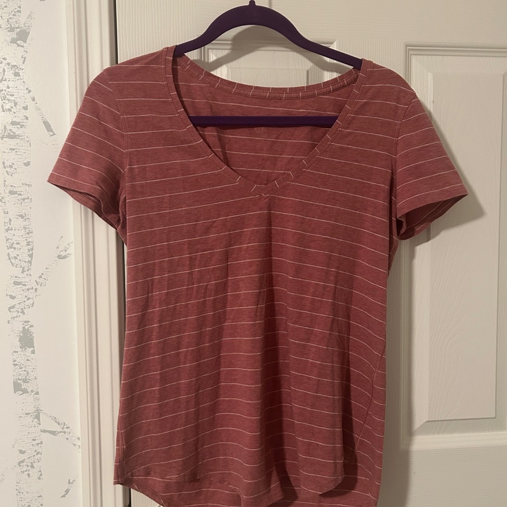 lululemon athletica Pink Striped V-Neck Tee